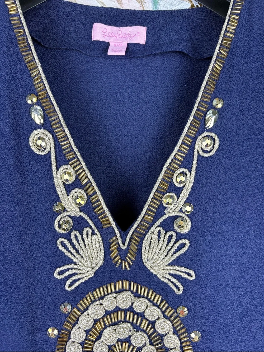 Lilly Pulitzer Embellished Caftan Tunic Dress Navy Blue Gold Beaded S/M - Picture 10 of 10